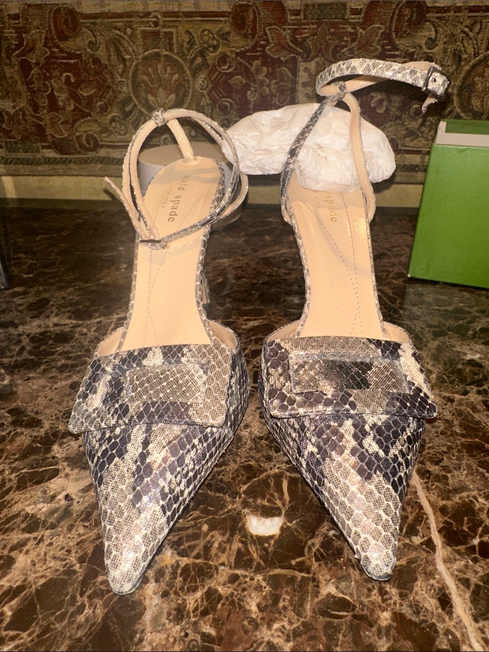 kate spade Snake-Print Pointed Toe Ankle-Strap Pumps in Neutral Tones